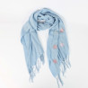 Long blue scarf with pink flowers and rhinestones